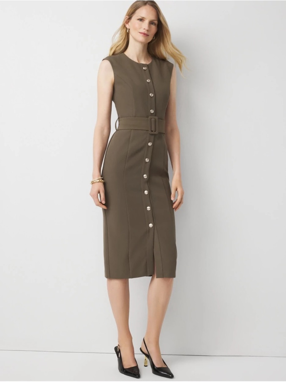 White House Black Market Olive Sleeveless Button-Front Belted Midi Dress